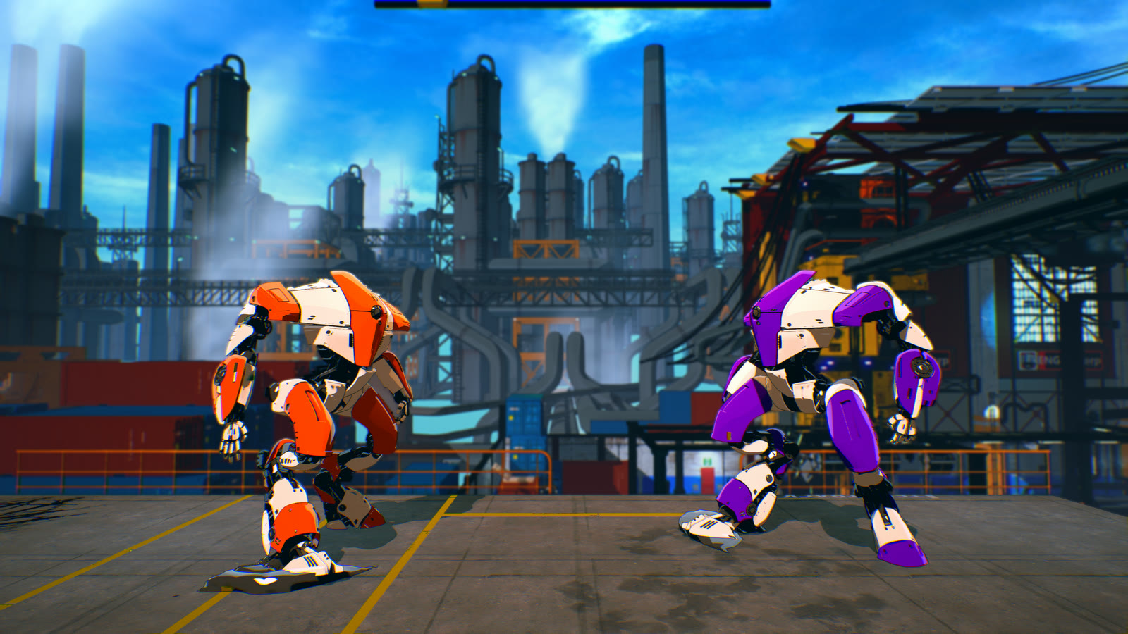 Mechs facing each other with custom toon shading and outline lookdev